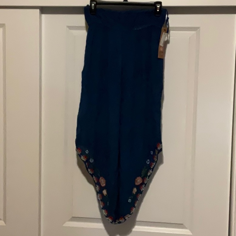 Rays Sun Blue Pants with Floral Embroidery